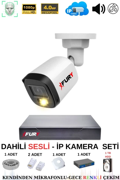 FURY Ip Güvenlik Kamera Seti 1 Kameralı Sesli 4mp Gece Renkli Su Geçirmez Ip5515s 1tb