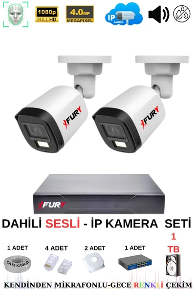 FURY Ip Güvenlik Kamera Seti 2 Kameralı Sesli 4mp Gece Renkli Su Geçirmez Ip5515s 1tb - 2