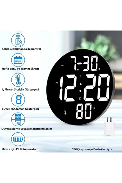 Büyük Dijital Modern 12inç Elektronik Led Duvar Masa Saati Sıcaklık Nem Alarm - 2