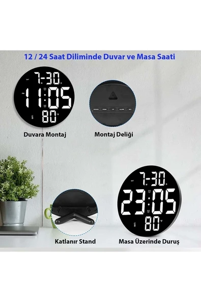 Büyük Dijital Modern 12inç Elektronik Led Duvar Masa Saati Sıcaklık Nem Alarm - 3
