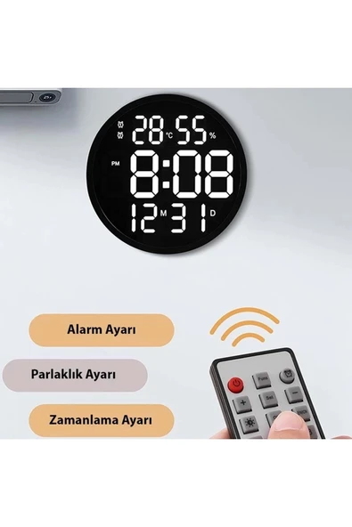 Büyük Dijital Modern 12inç Elektronik Led Duvar Masa Saati Sıcaklık Nem Alarm - 7