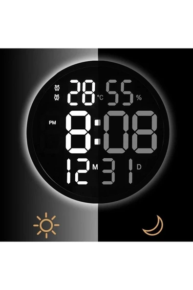 Büyük Dijital Modern 12inç Elektronik Led Duvar Masa Saati Sıcaklık Nem Alarm - 5