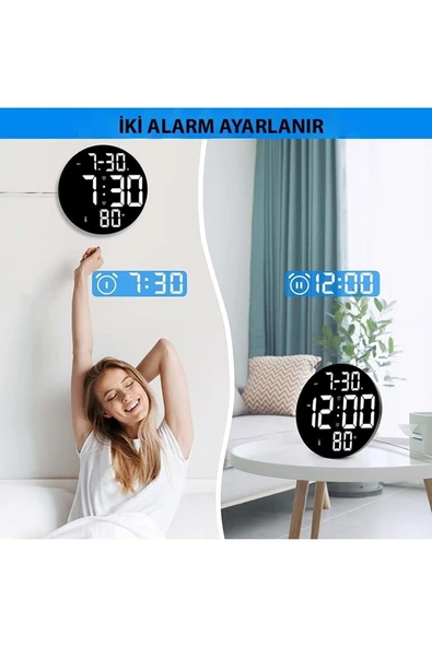 Büyük Dijital Modern 12inç Elektronik Led Duvar Masa Saati Sıcaklık Nem Alarm - 6