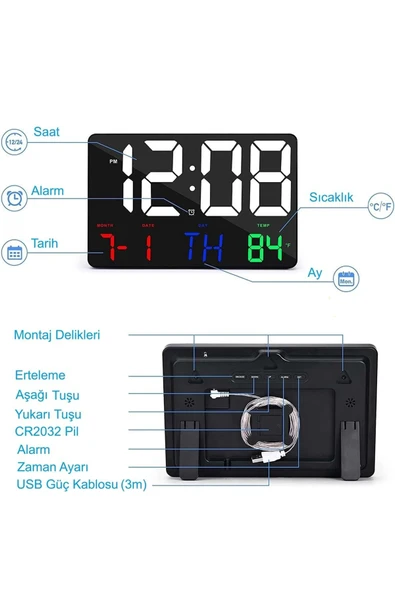 Dijital Duvar Saati HD LED Ekran Tarih Gün Sıcaklık Alarm USB Dekoratif 25X16Cm - 5