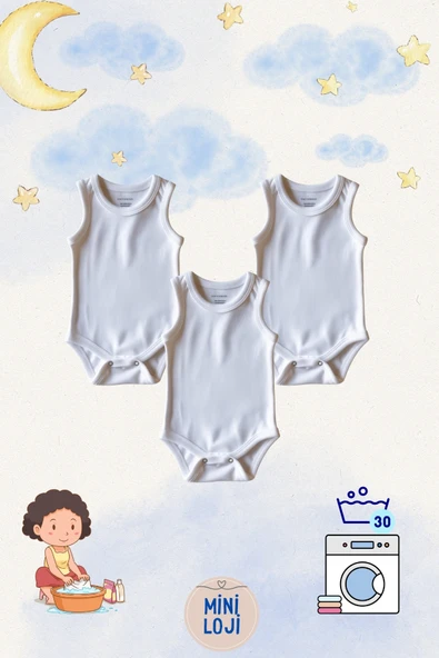 3'lü Düz Beyaz Bebek Zıbın Seti, Pamuk, Unisex, Yenidoğan Body - 4