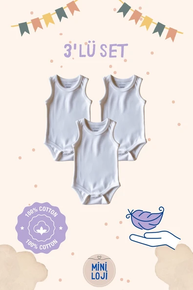 3'lü Düz Beyaz Bebek Zıbın Seti, Pamuk, Unisex, Yenidoğan Body