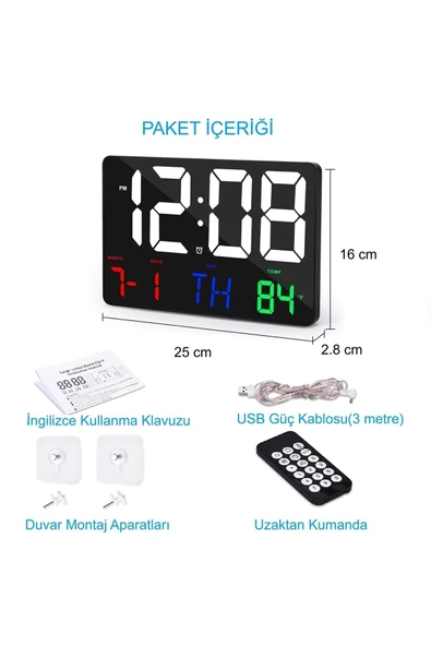 Dijital Duvar Saati HD LED Ekran Tarih Gün Sıcaklık Alarm USB Dekoratif 25X16Cm - 7