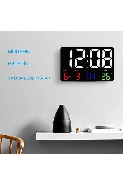 Dijital Duvar Saati HD LED Ekran Tarih Gün Sıcaklık Alarm USB Dekoratif 25X16Cm - 2