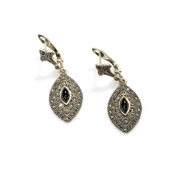 925 Ayar Gümüş Mekik Şekilli Oniks Taşlı Markazit Küpe ürün görseli 1