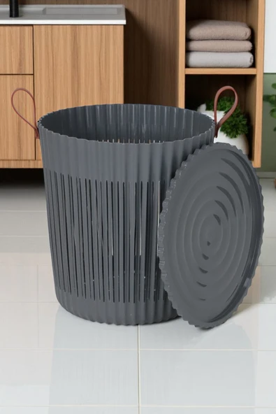 İronika Kapaklı Banyo Çamaşır Kirli Sepeti Deri Desen Kulplu Lüx Banyo Mutfak Organizeri Düzenleyici Antrasit