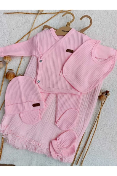 Bilge Trend BEBEK YENİ DOĞAN PEMBE  4 KAT MÜSLİN BATTANİYELİ 6 PARÇA HASTANE ÇIKIŞI ZIBIN SETİ