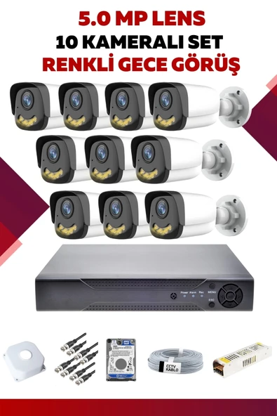 12 Kameralı Set - 5MP Sony Lensli Full Hd Renkli Gece Görüşlü Güvenlik Kamerası Sistemi - U8HRGFVAZQ