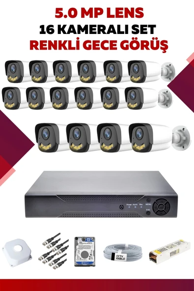 16 Kameralı Set - 5MP Sony Lensli Full Hd Renkli Gece Görüşlü Güvenlik Kamerası Sistemi - F3QFAHTRNN