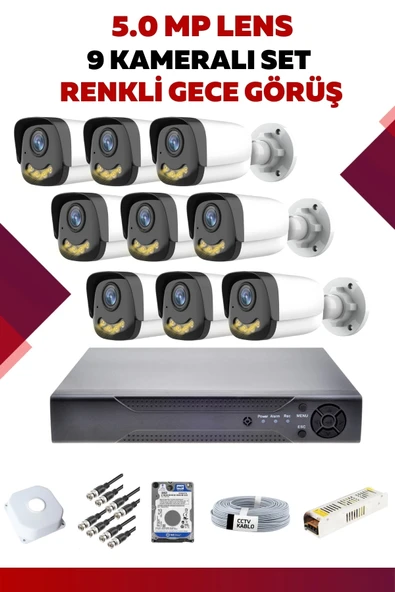 9 Kameralı Set - 5MP Sony Lensli Full Hd Renkli Gece Görüşlü Güvenlik Kamerası Sistemi - QTJ1IHABEF