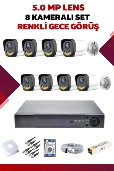 8 Kameralı Set - 5MP Sony Lensli Full Hd Renkli Gece Görüşlü Güvenlik Kamerası Sistemi - 5G0ODUTWPY