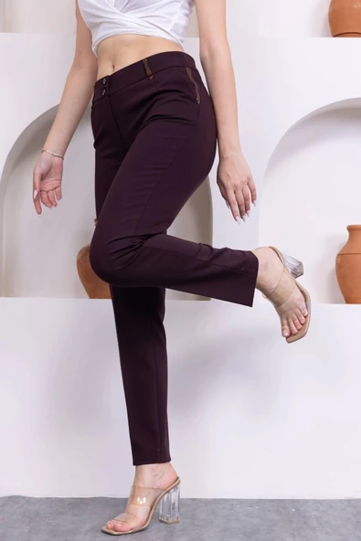 Deri Detaylı Cepli Bilek Boy Pantolon 3146-Mürdüm - 2