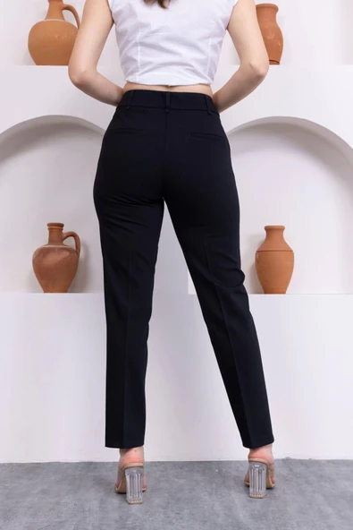 Cep Detaylı Bilek Boy Kadın Kumaş Pantolon 3144-Siyah - 6