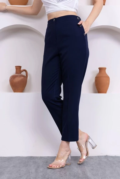 Düğme Detaylı Beli Lastikli Bilek Boy Pantolon 351-Lacivert - 2