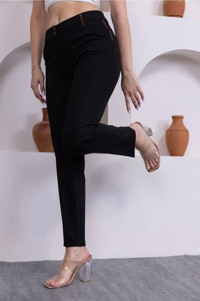 Deri Detaylı Cepli Bilek Boy Pantolon 3146-Siyah - 2