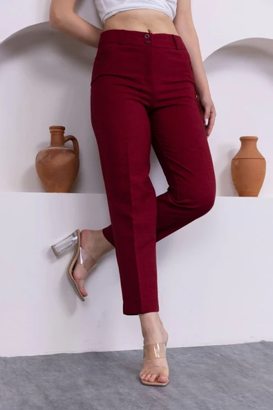 Cep Detaylı Bilek Boy Kadın Kumaş Pantolon 359-Bordo - 4