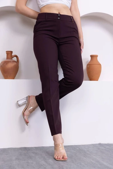 Deri Detaylı Cepli Bilek Boy Pantolon 3146-Mürdüm - 4