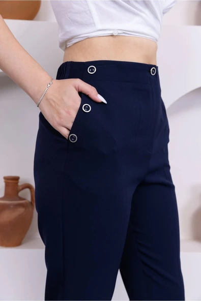 Düğme Detaylı Beli Lastikli Bilek Boy Pantolon 351-Lacivert - 5