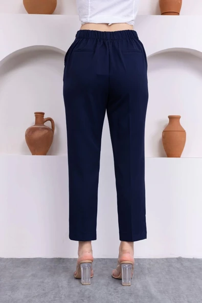 Düğme Detaylı Beli Lastikli Bilek Boy Pantolon 351-Lacivert - 6