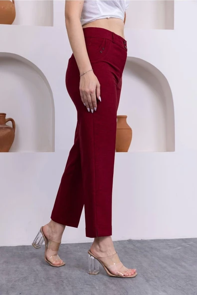 Cep Detaylı Bilek Boy Kadın Kumaş Pantolon 359-Bordo - 3