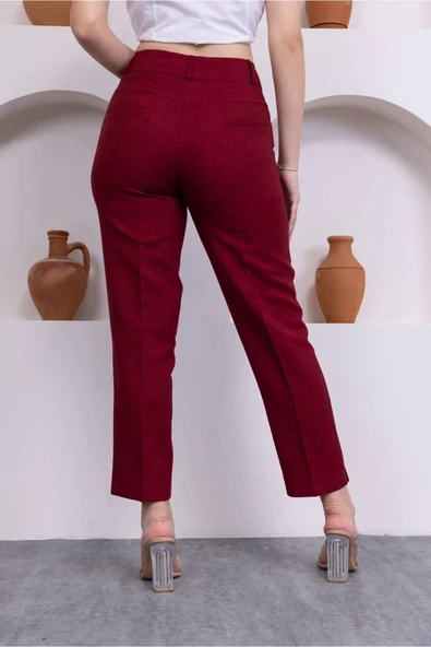 Cep Detaylı Bilek Boy Kadın Kumaş Pantolon 359-Bordo - 6