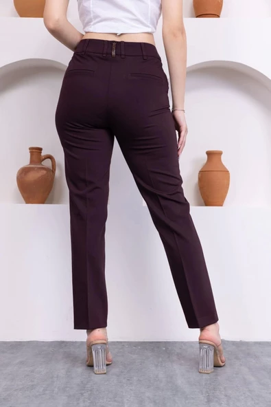 Deri Detaylı Cepli Bilek Boy Pantolon 3146-Mürdüm - 6