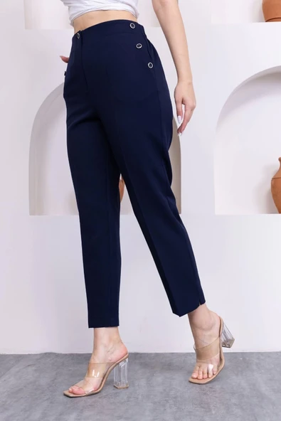Düğme Detaylı Beli Lastikli Bilek Boy Pantolon 351-Lacivert - 3