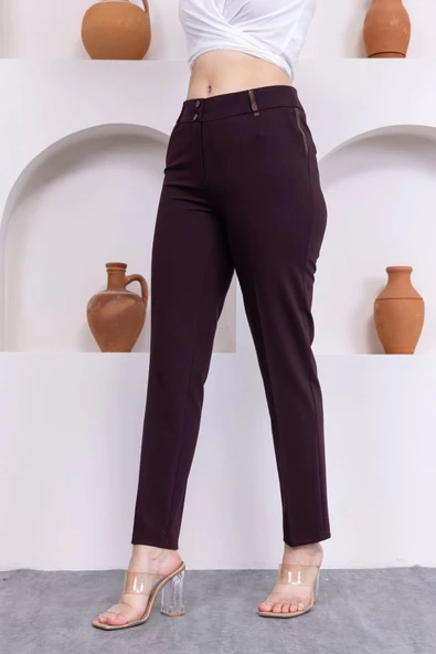 Deri Detaylı Cepli Bilek Boy Pantolon 3146-Mürdüm - 3