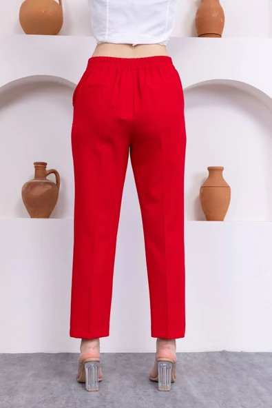 Düğme Detaylı Beli Lastikli Bilek Boy Pantolon 351-Kırmızı - 6