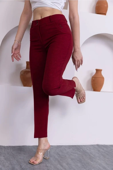 Cep Detaylı Bilek Boy Kadın Kumaş Pantolon 359-Bordo - 2