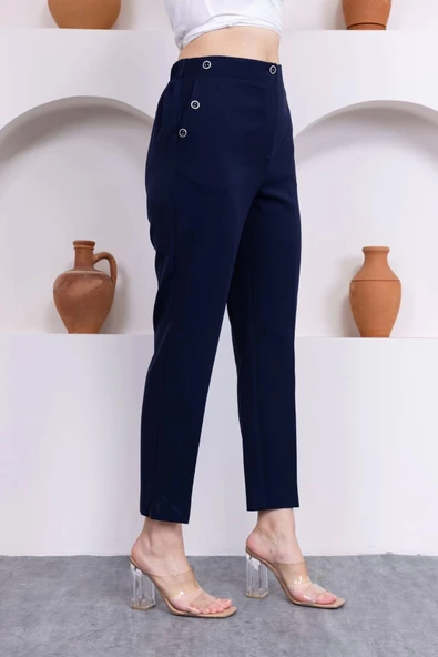 Düğme Detaylı Beli Lastikli Bilek Boy Pantolon 351-Lacivert - 4