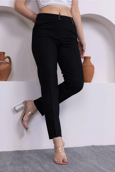 Deri Detaylı Cepli Bilek Boy Pantolon 3146-Siyah - 3