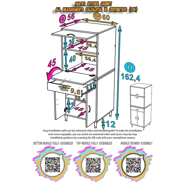 Modilayn OSLO 60x162,4x56 cm 1 çekmece, 3 kapak. Mutfağınıza Özel Ekmeklikli Kiler Dolabı. - Resim 5