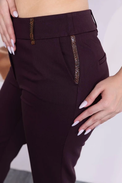 Deri Detaylı Cepli Bilek Boy Pantolon 3146-Mürdüm - 5
