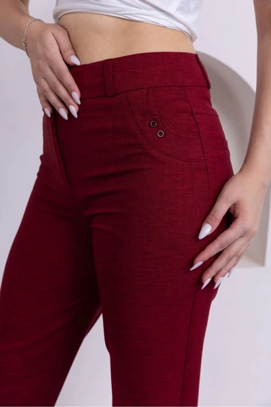 Cep Detaylı Bilek Boy Kadın Kumaş Pantolon 359-Bordo - 5