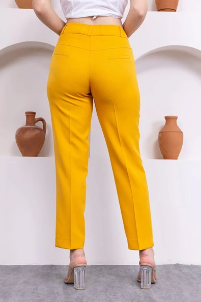 Cep Detaylı Bilek Boy Kadın Kumaş Pantolon 0101-Sarı - 7