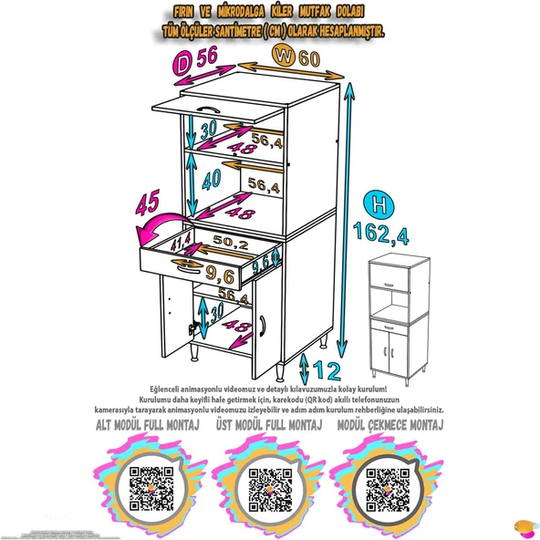 Modilayn OSLO 60x162,4x56 cm, 1 Çekmece, 3 Kapaklı. Ekmeklik / Fırın / Mikrodalga Dolabı. - 4