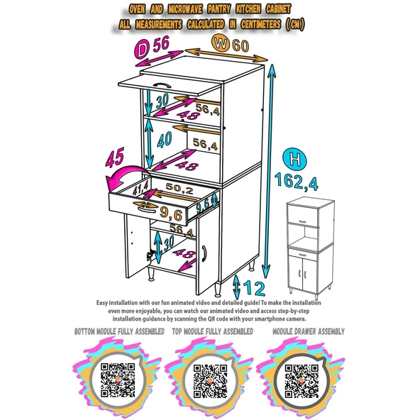 Modilayn OSLO 60x162,4x56 cm, 1 Çekmece, 3 Kapaklı. Ekmeklik / Fırın / Mikrodalga Dolabı. - 5
