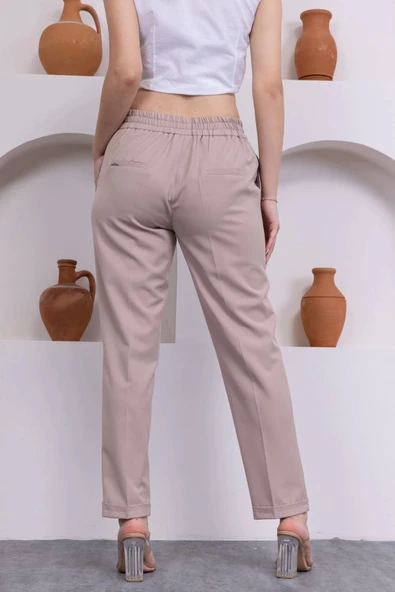 Bağlama Detaylı Beli Lastikli Kadın Kumaş Pantolon 326-Vizon - 6