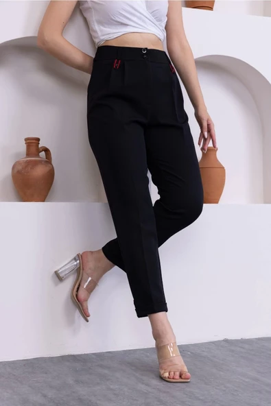 Pile Detaylı Duble Paça Kadın Kumaş Pantolon 324-Siyah - 2