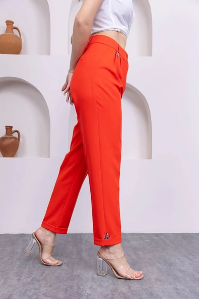 Pile Detaylı Duble Paça Kadın Kumaş Pantolon 324-Mercan - 4