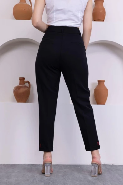 Pile Detaylı Duble Paça Kadın Kumaş Pantolon 324-Siyah - 6