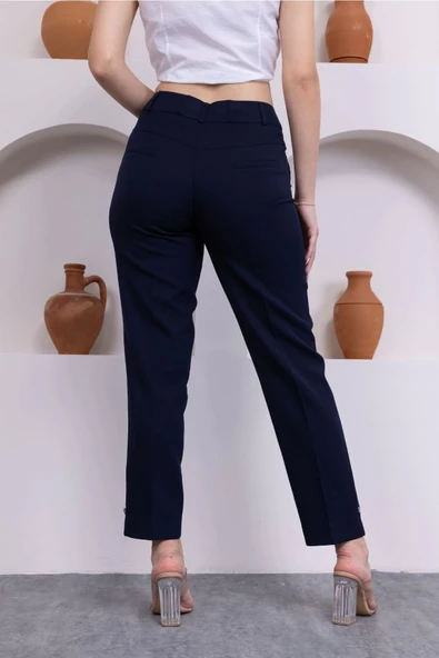 Cep Detaylı Bilek Boy Kadın Kumaş Pantolon 0101-Lacivert - 6