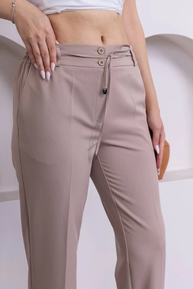 Bağlama Detaylı Beli Lastikli Kadın Kumaş Pantolon 326-Vizon - 5