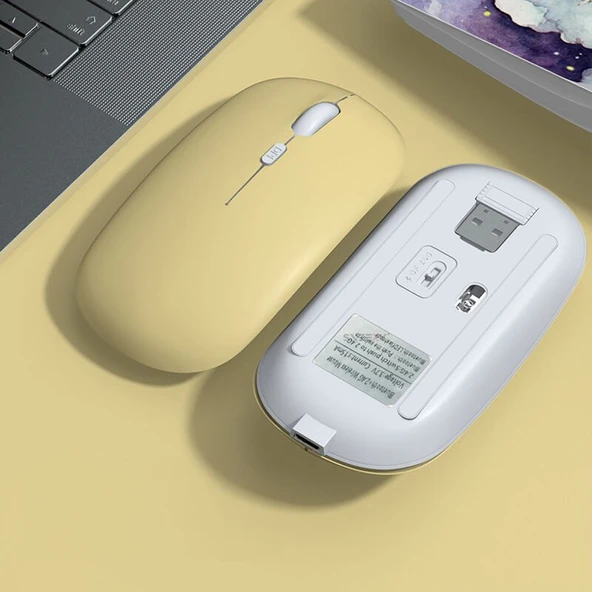 Xiaomi Tablet Şarj Edilebilir Sessiz Mouse Bluetooth + 2.4Hz Wifi Kablosuz Mouse Fare  Sarı - 2