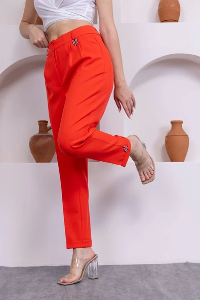 Pile Detaylı Duble Paça Kadın Kumaş Pantolon 324-Mercan - 2